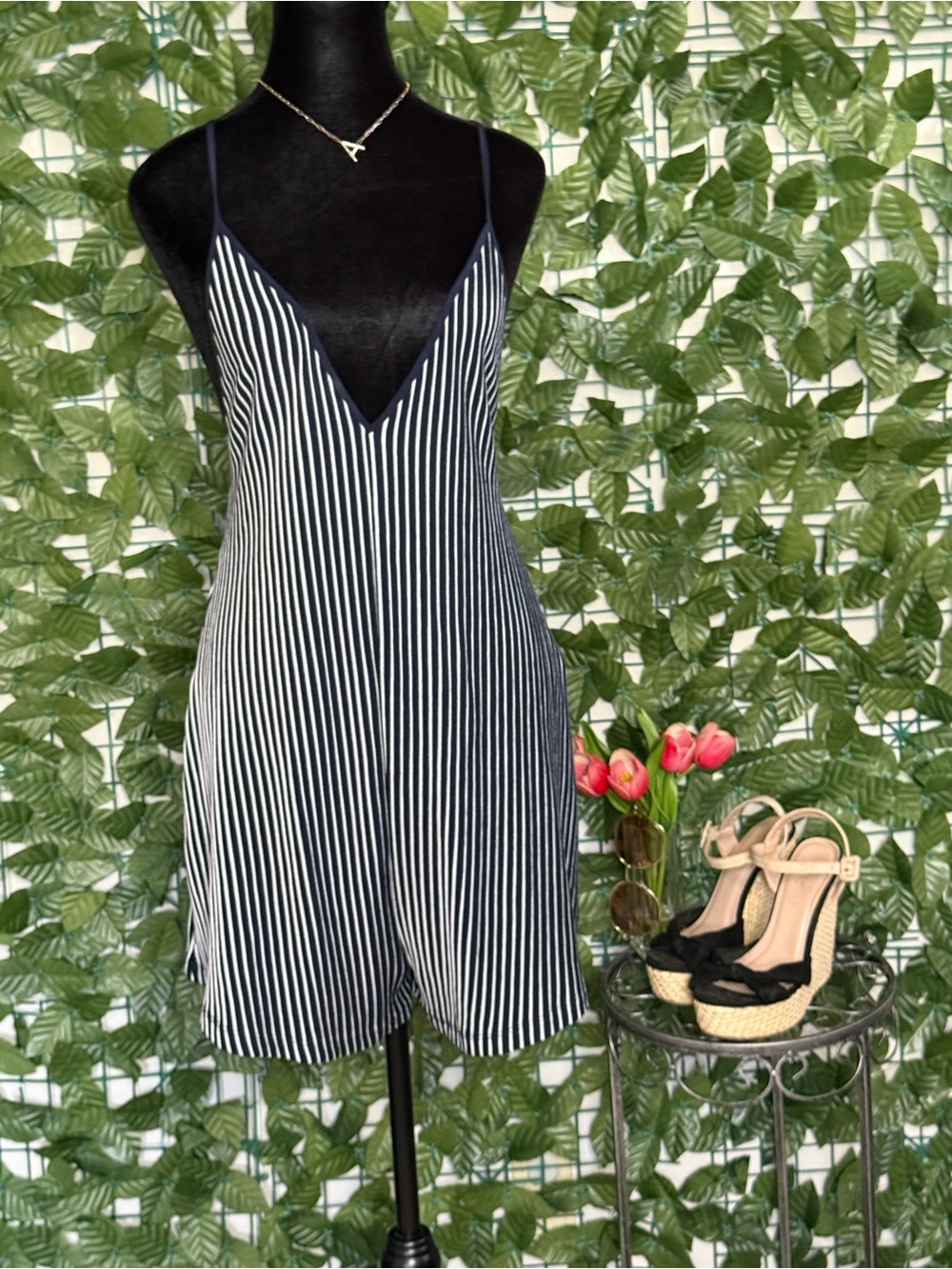 Very Low Cut Navy and White Striped Spaghetti Strap Romper